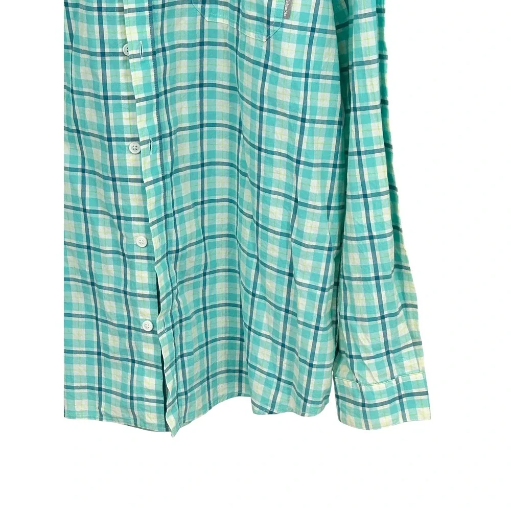 Columbia Mens Plaid Button Down Shirt XL Long Sleeve Teal Blue Cotton Casual